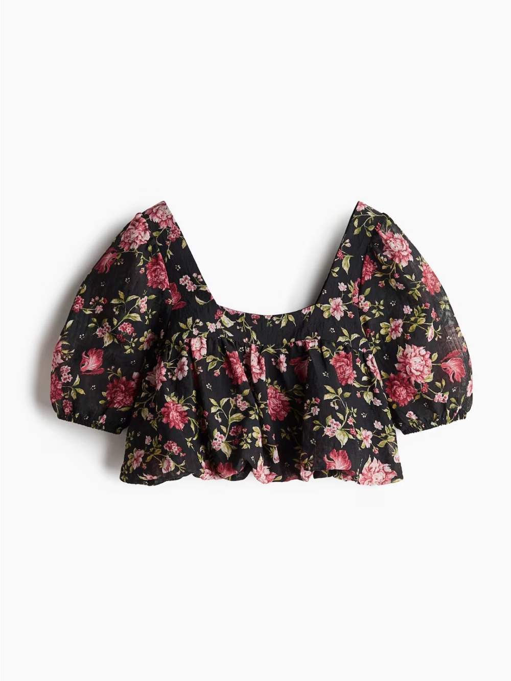 H&M Black Floral Puff-Sleeve Crop Top